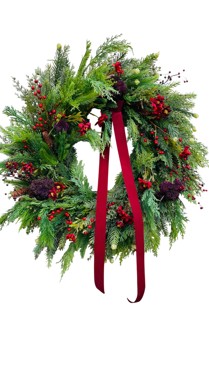 Festive Pine & Velvet Ribbon Wreath - 26"/28"