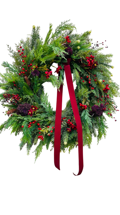 Festive Pine & Velvet Ribbon Wreath - 26"/28"