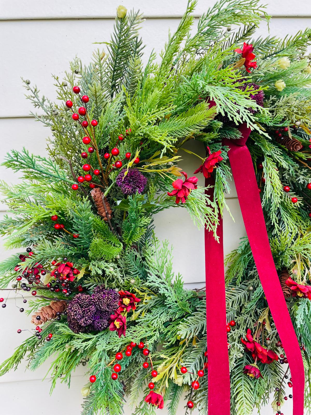 Festive Pine & Velvet Ribbon Wreath - 26"/28"