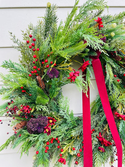 Festive Pine & Velvet Ribbon Wreath - 26"/28"