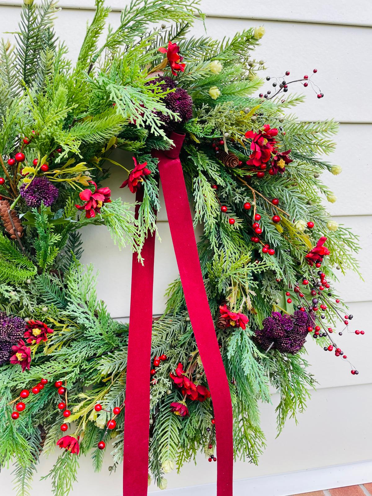 Festive Pine & Velvet Ribbon Wreath - 26"/28"