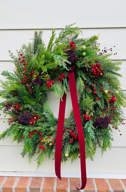 Festive Pine & Velvet Ribbon Wreath - 26"/28"