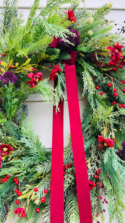Festive Pine & Velvet Ribbon Wreath - 26"/28"