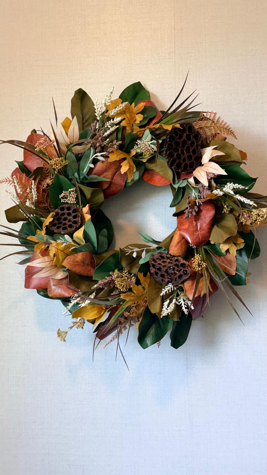 Autumn Magnolia & Lotus Pod Wreath - 24"