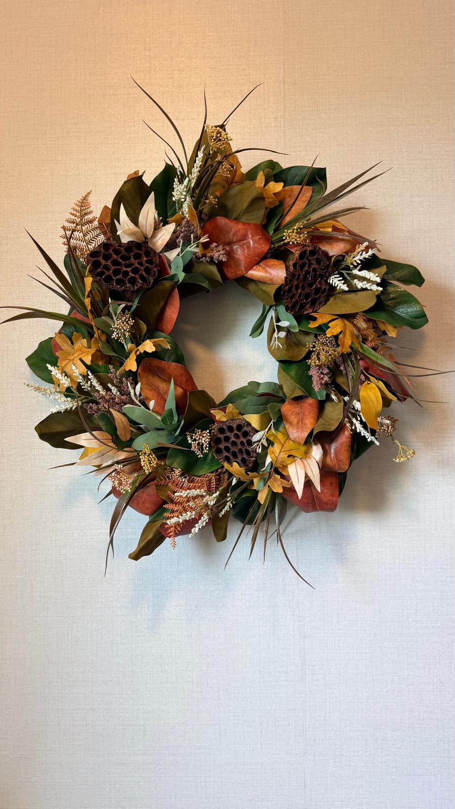 Autumn Magnolia & Lotus Pod Wreath - 24"