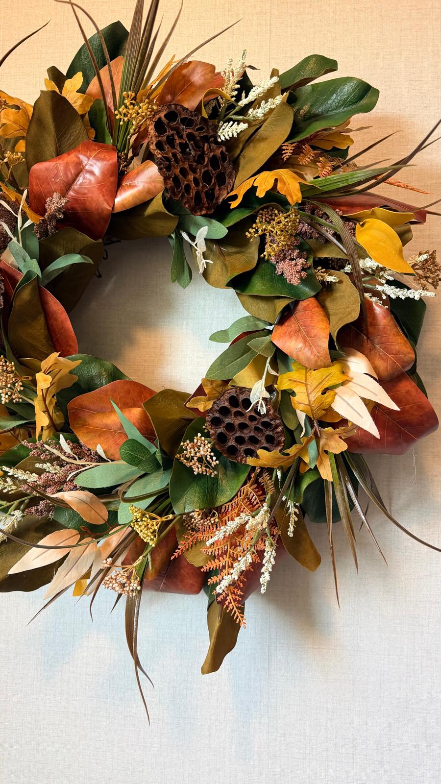 Autumn Magnolia & Lotus Pod Wreath - 24"