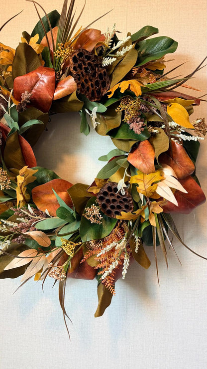 Autumn Magnolia & Lotus Pod Wreath - 24"