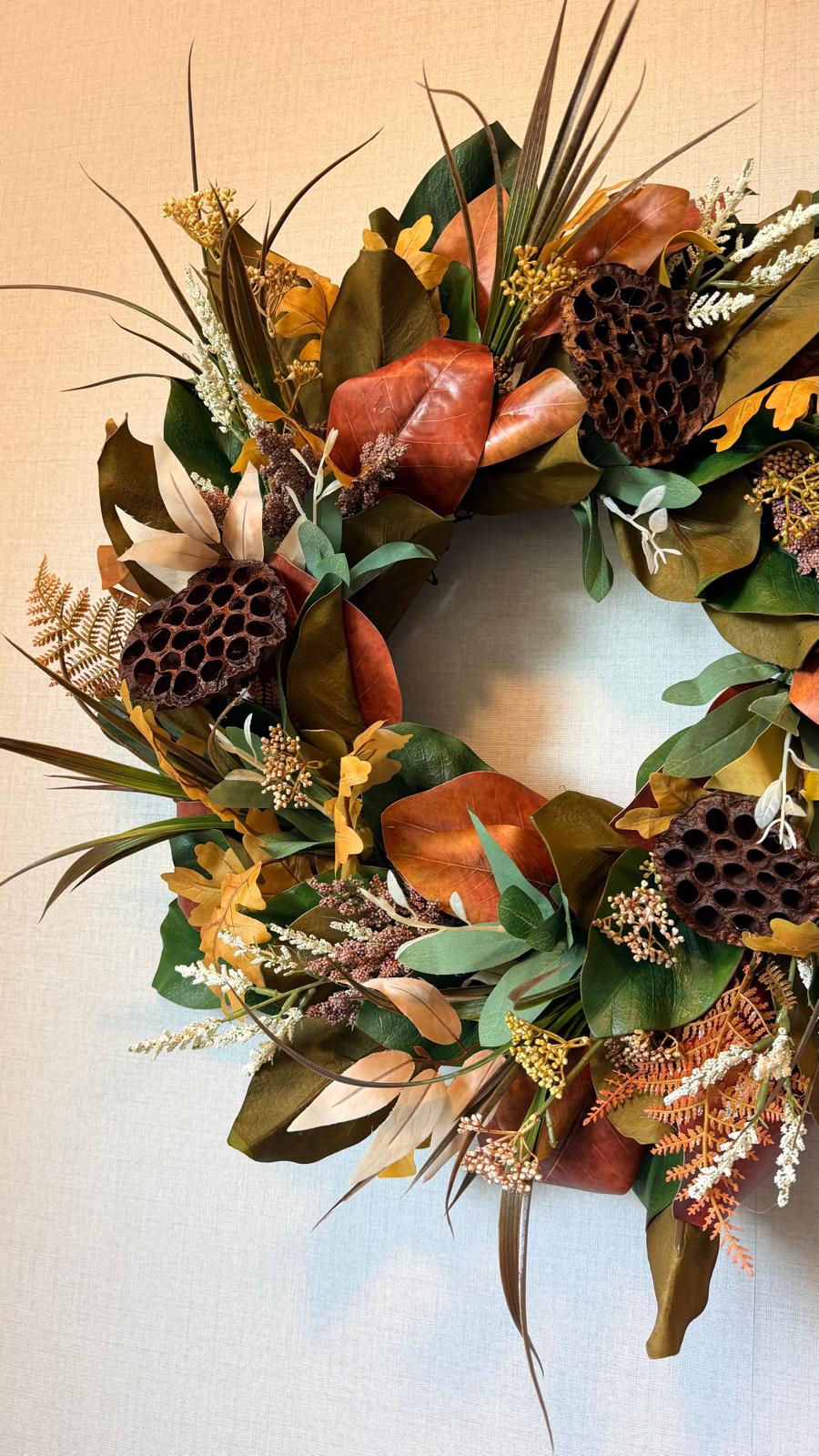 Autumn Magnolia & Lotus Pod Wreath - 24"