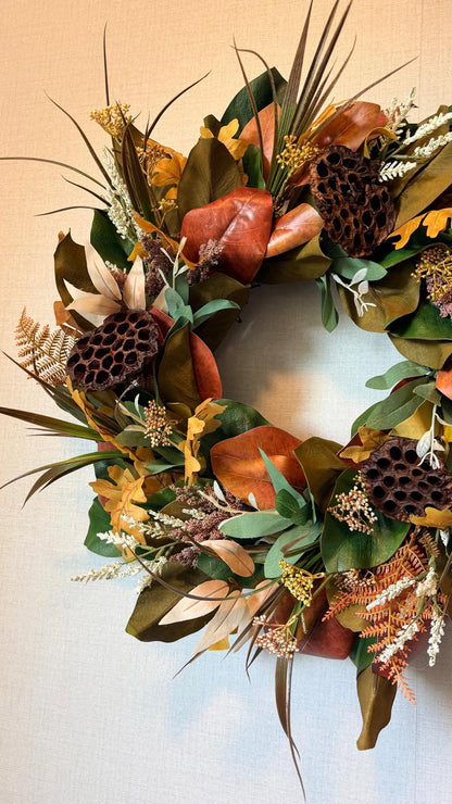 Autumn Magnolia & Lotus Pod Wreath - 24"