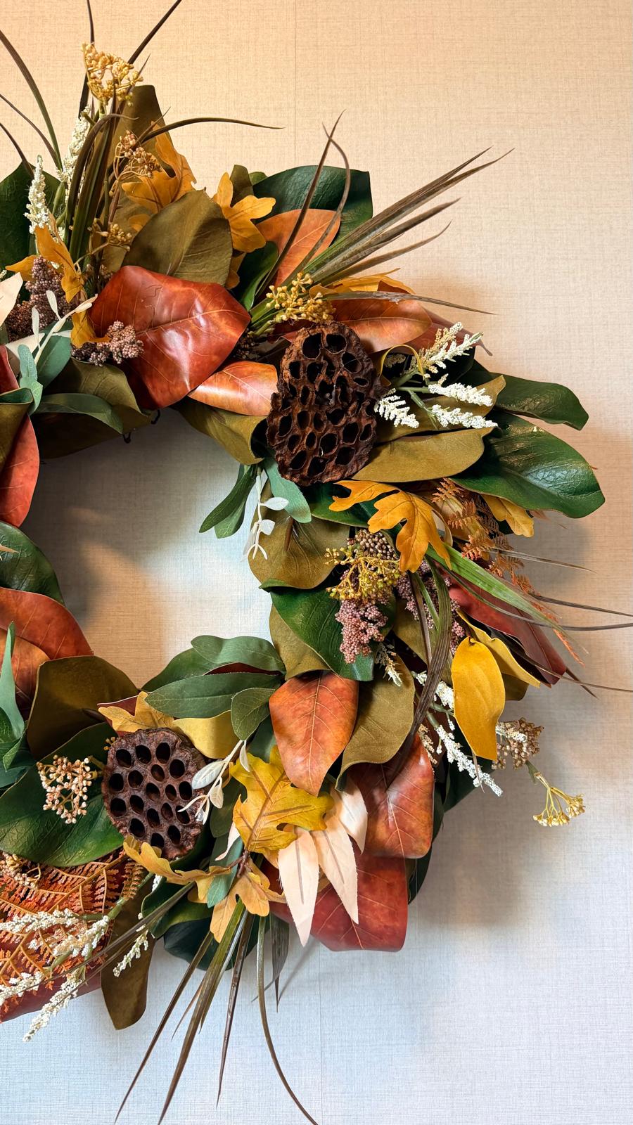 Autumn Magnolia & Lotus Pod Wreath - 24"