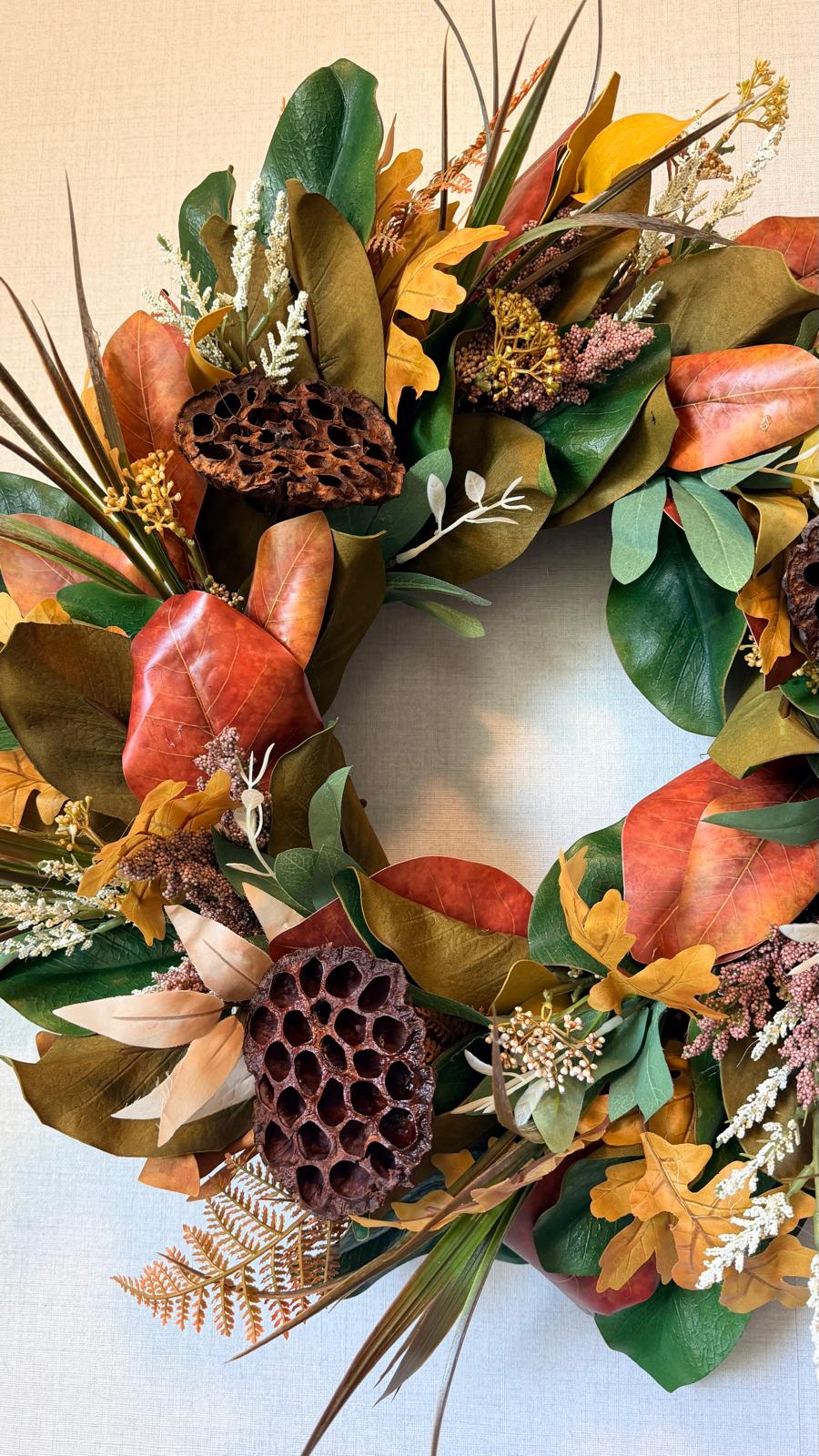 Autumn Magnolia & Lotus Pod Wreath - 24"